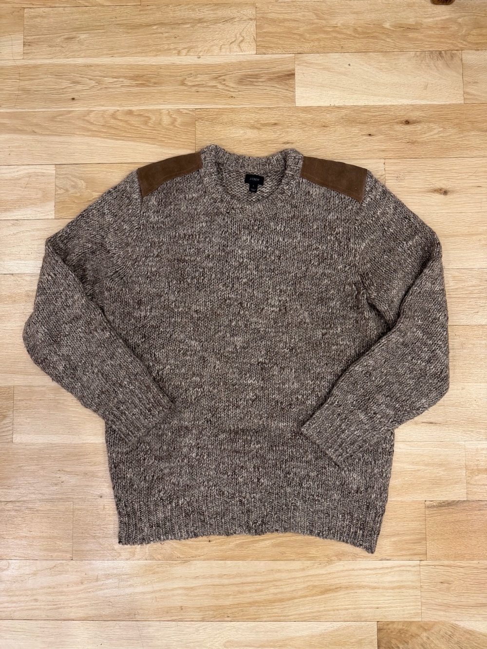 Men's Brown Knit Crewneck Sweater with Suede Shoulder Patches